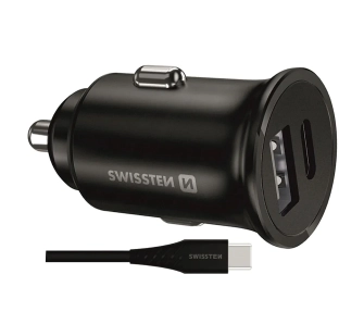 Ładowarka samochodowa Swissten 20117100 Super Fast Charging 25W + 10W USB-C 1,2m Czarny