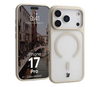 Etui Bizon MatteO z MagSafe do Apple iPhone 17 Pro Półprzezroczyste z beżową ramką