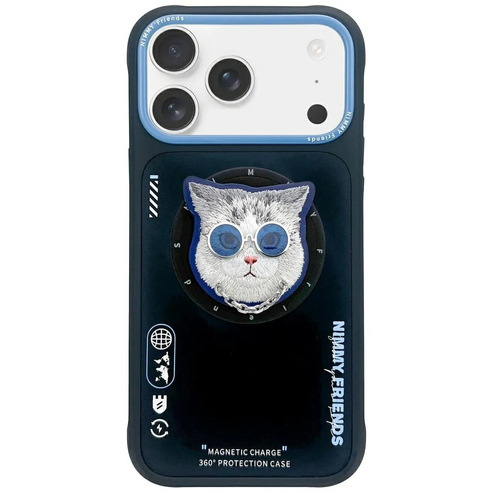 Etui Nimmy Glasses Cool Cat MagSafe do iPhone 17 Czarno niebieski