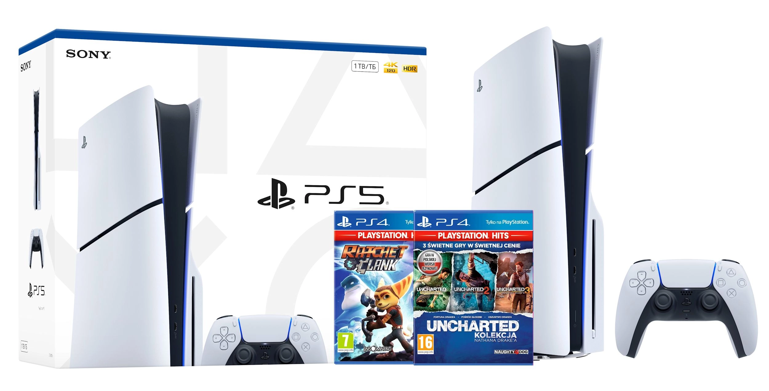 Konsola Sony PlayStation 5 Slim E Chassis (PS5) 1TB z napędem + Ratchet & Clank + Uncharted: Kolekcja Nathana Drake'a