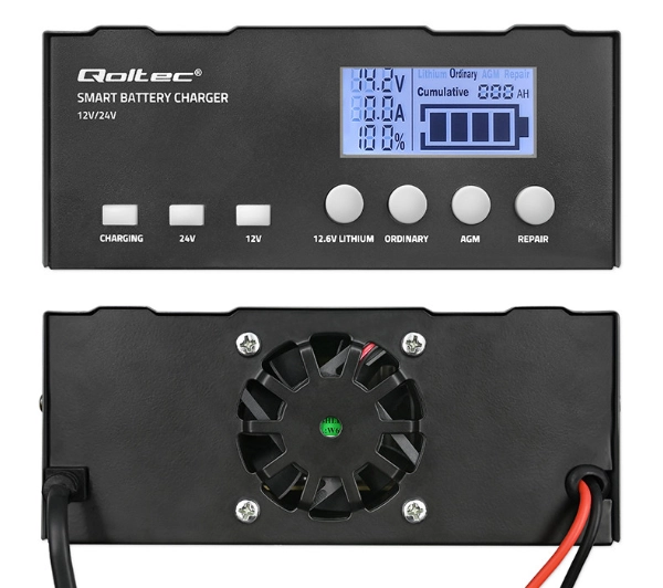 Qoltec 52491 Inteligentna mikroprocesorowa 12V, 12,6 V, 24V Prostownik z funkcją naprawy do AGM GEL
