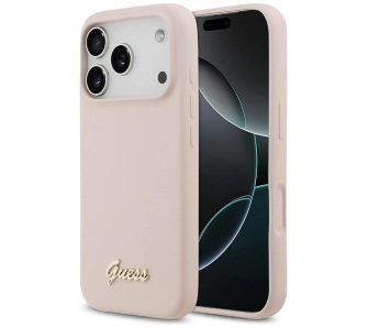 Etui Guess Silicone Script Metal Logo MagSafe do iPhone 17 Pro różowy