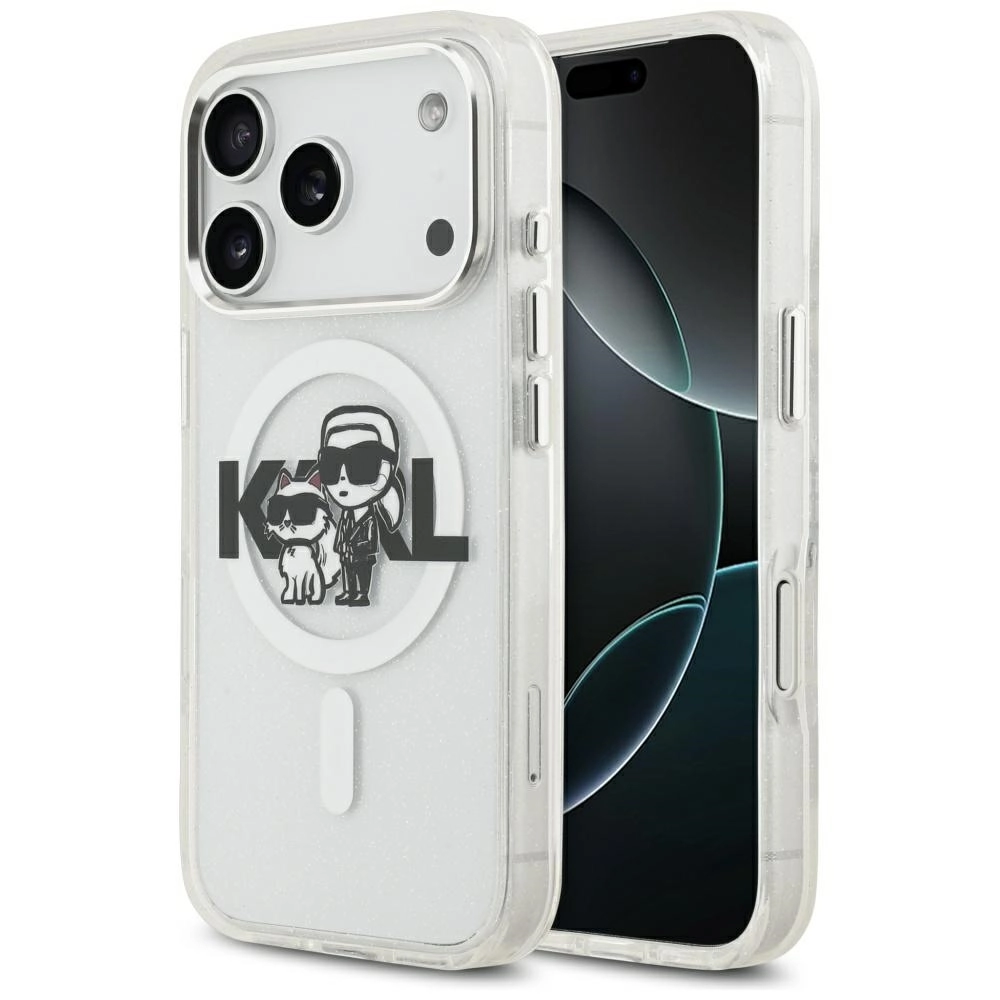 Etui Karl Lagerfeld IML Glitter Karl & Choupette Sketch Logo MagSafe do iPhone 17 Pro Przezroczysty