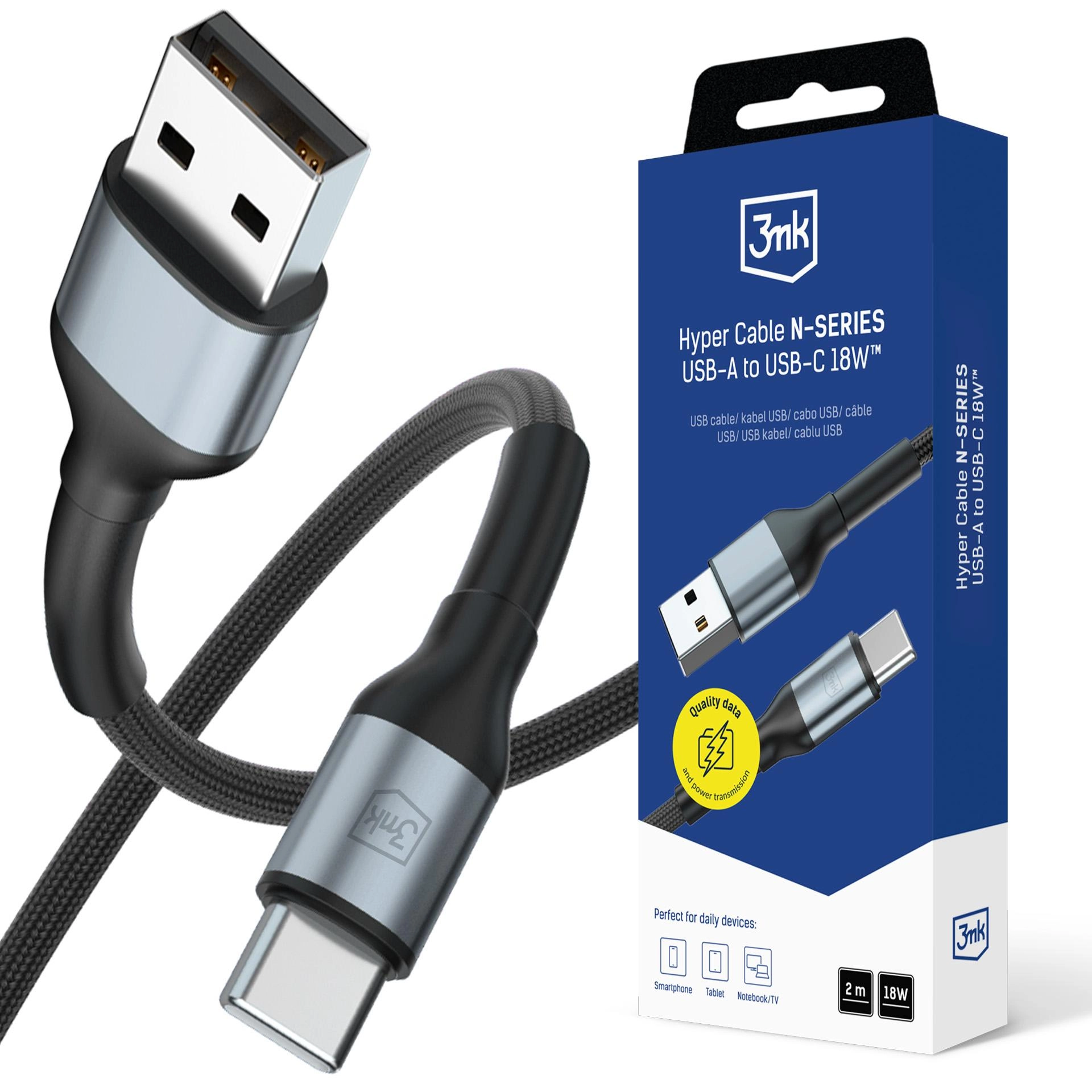 Kabel 3mk Hyper Cable N-SERIES USB-A do USB-C 2m 9V/2A 18W Czarny