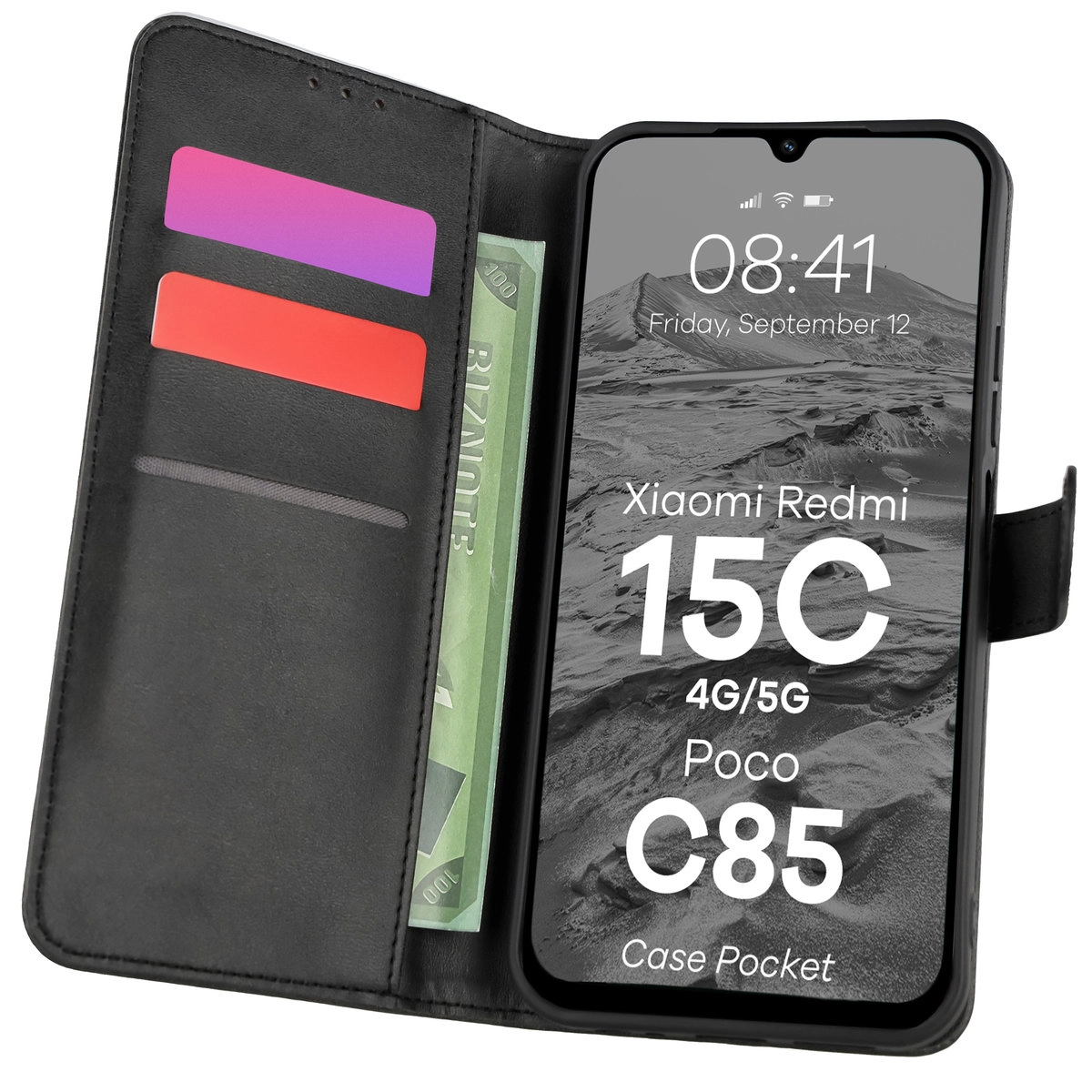 Etui Bizon z klapką Pocket do Xiaomi Redmi 15C 4G / 5G / POCO C85 4G Czarny