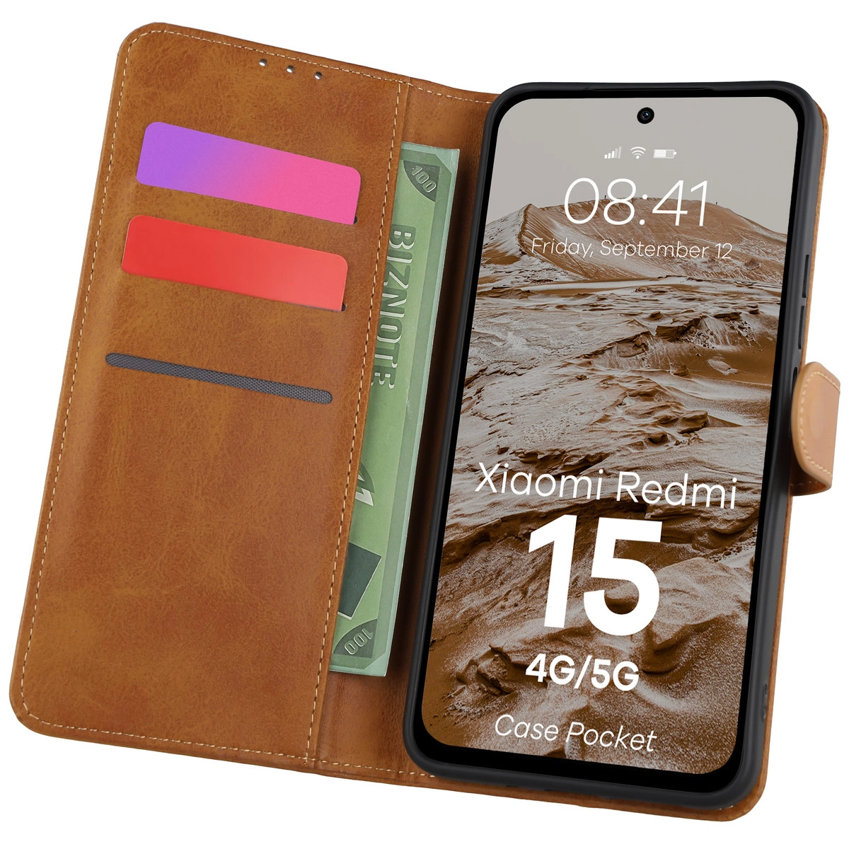Etui Bizon z klapką Pocket do Xiaomi Redmi 15 4G / 5G Brązowy