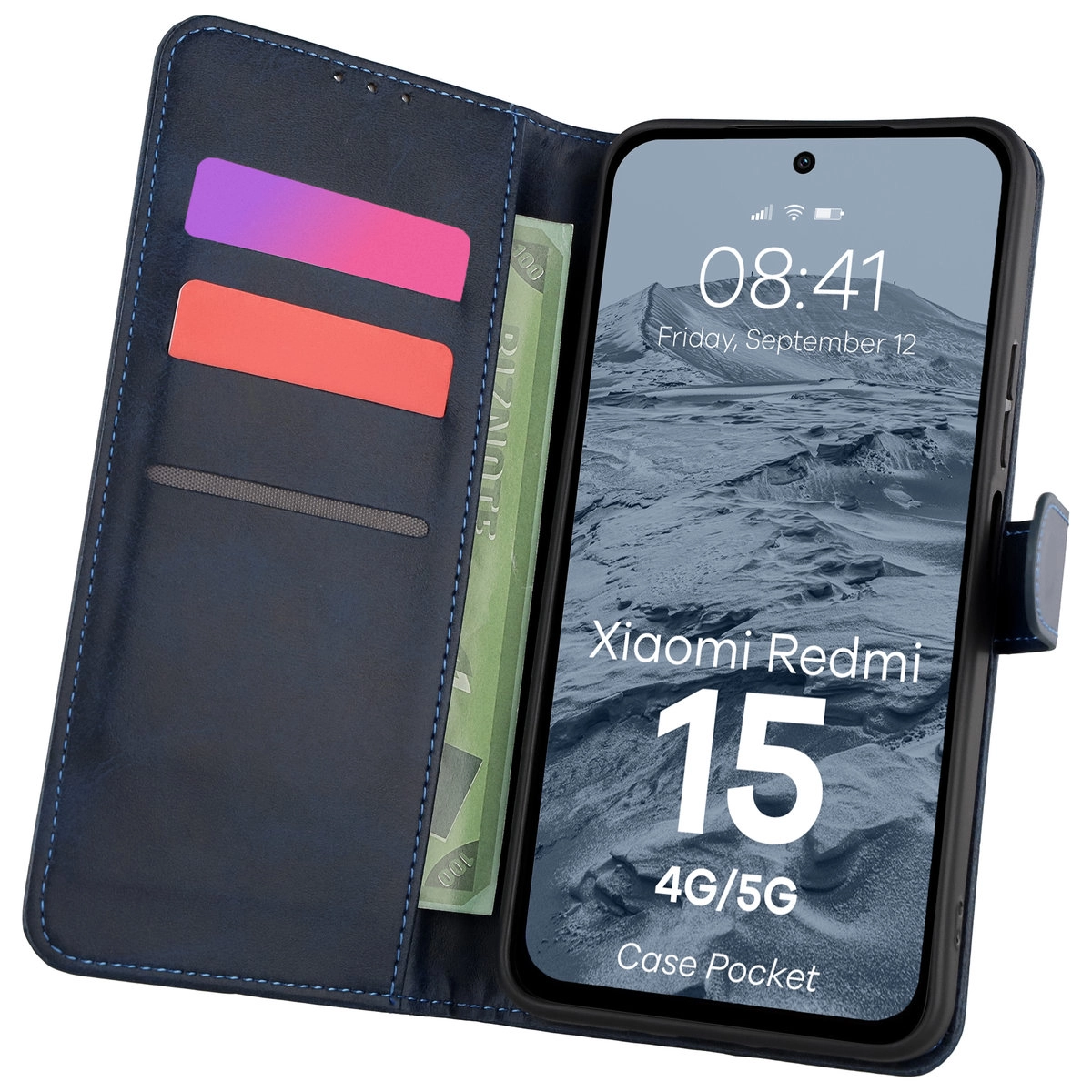 Etui Bizon z klapką Pocket do Xiaomi Redmi 15 4G / 5G Niebieski