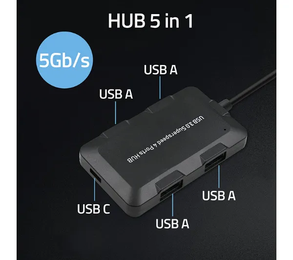 Qoltec 50502 Adapter USB-C 3.1 5w1 4x USB 3.0 micro USB Czarny