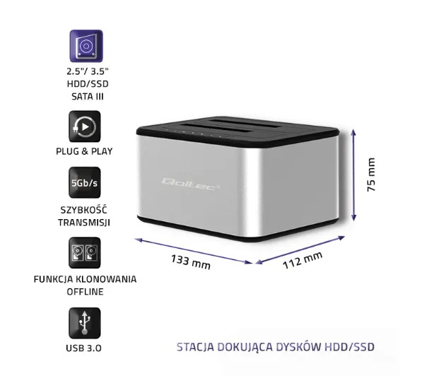 Qoltec 50316 do Dysków 2x HDD/SSD 2.5"/3.5" SATA USB 3.0 Srebrny