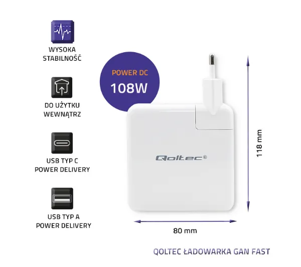 Qoltec 51710 GaN FAST USB-A USB-C 108W Biały