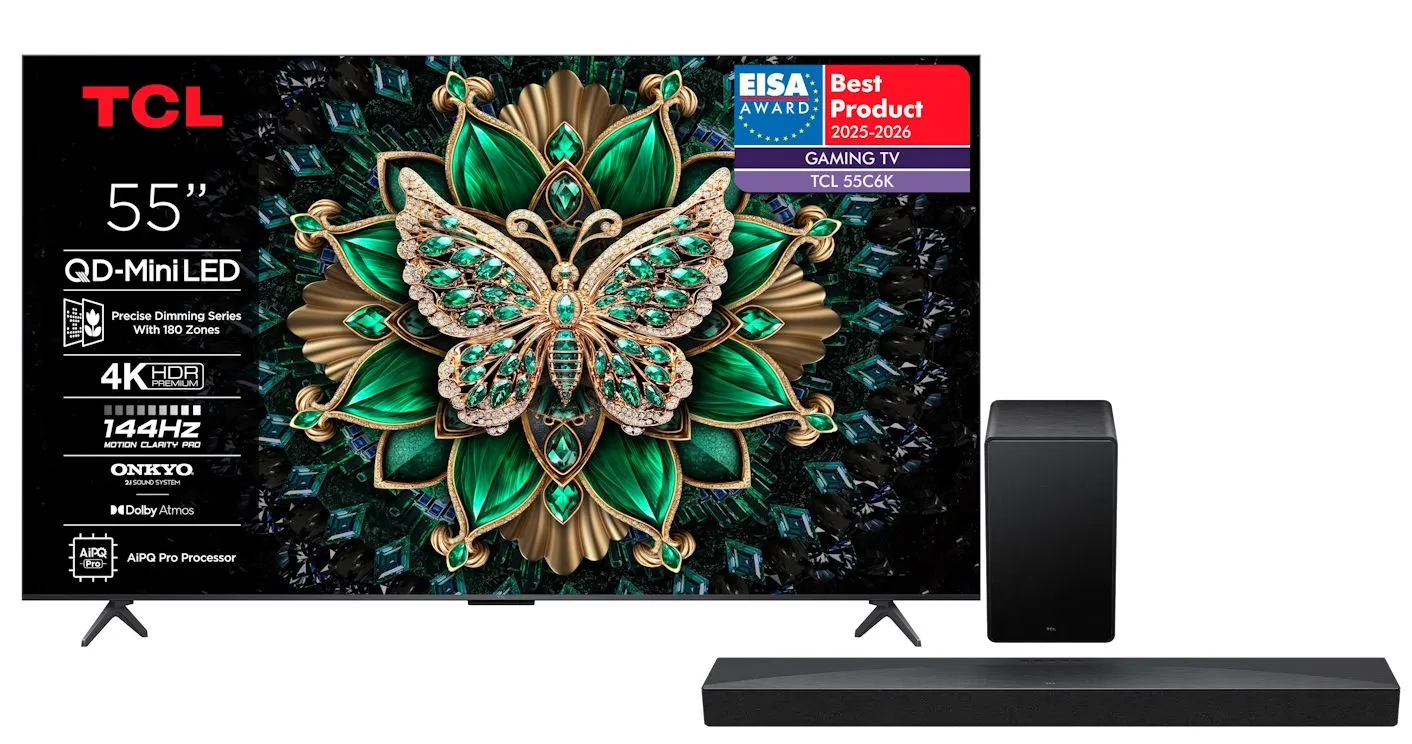 Telewizor TCL 55C6K 55" QD-Mini LED 4K 144Hz Google TV Dolby Vision IQ Dolby Atmos HDMI 2.1 DVB-T2 + Soundbar TCL Q65H