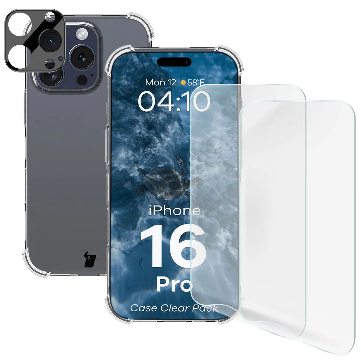 Etui Bizon elastyczne etui + 2x folia + szkło na aparat Clear Pack do iPhone 16 Pro