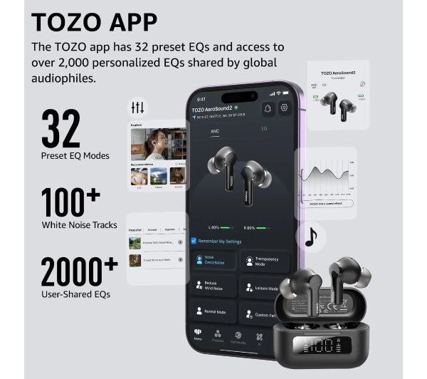 Tozo AeroSound2 Dokanałowe Bluetooth 5.3 Czarny