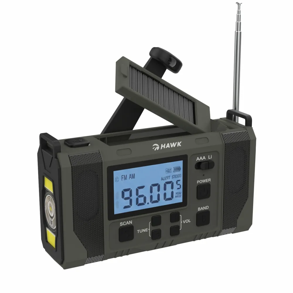 Radioodbiornik Hawk Expedition R20 Na korbkę, Solarne, Latarka, Radio FM Czarny