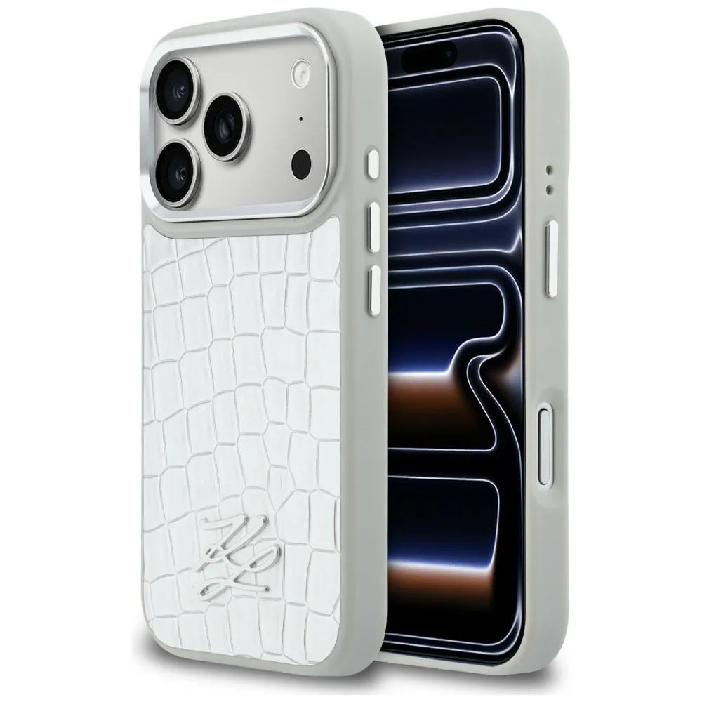 Etui Karl Lagerfeld Croco KL Script Logo MagSafe do iPhone 17 Pro Max Srebrny