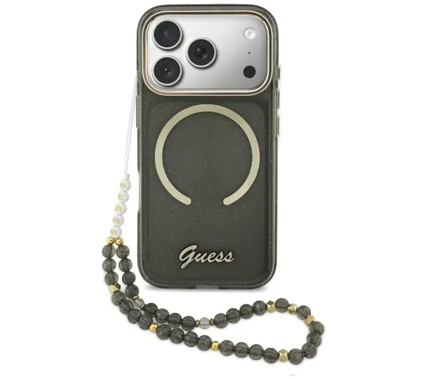 Guess IML Glitters Script Strap MagSafe do iPhone 17 Pro Czarny