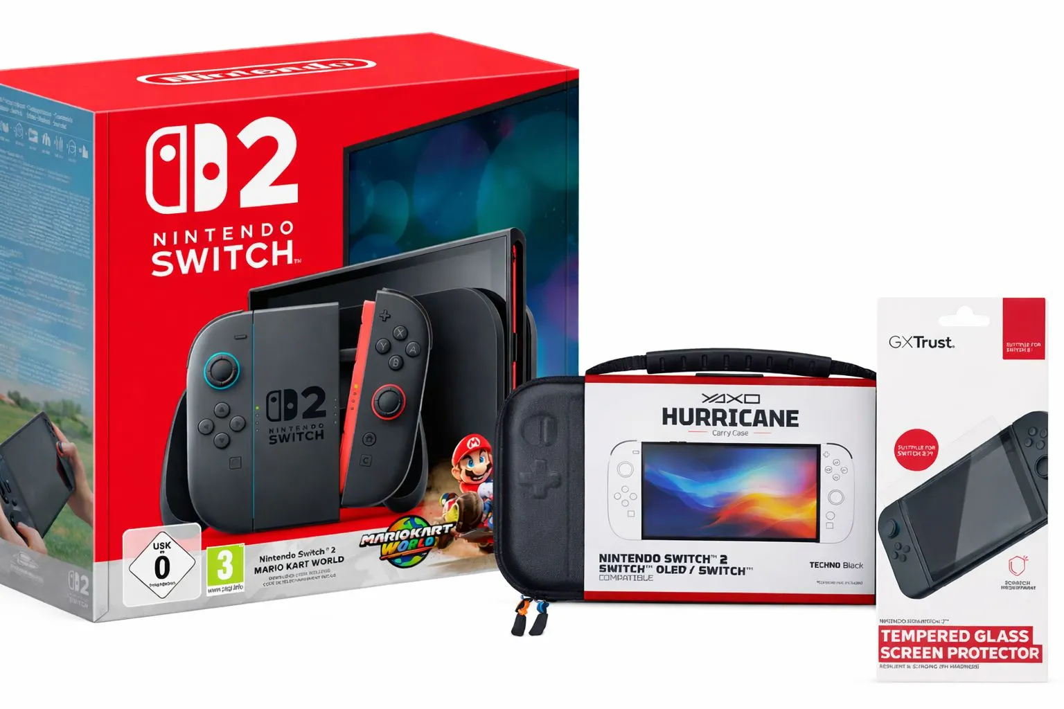 Konsola Nintendo Switch 2 Joy-Con Czarny + Mario Kart World + Szkło Trust GXT 1254 + Etui Yaxo Hurricane