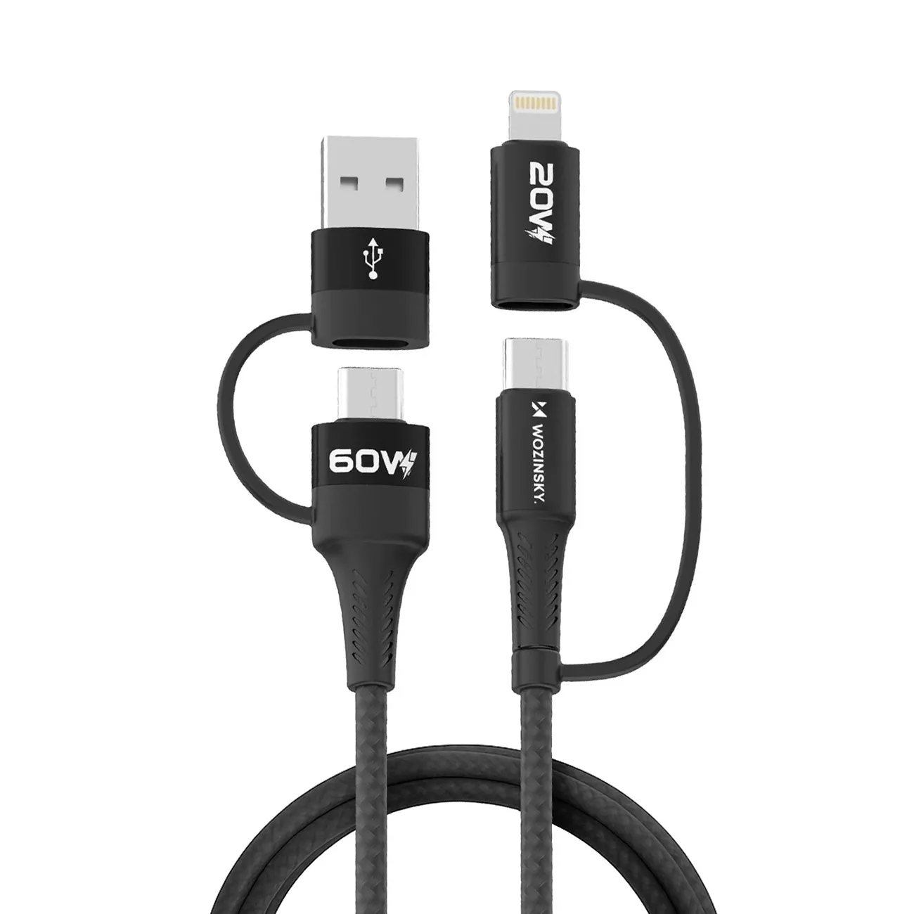 Kabel Wozinsky WNBAA 60W 4w1 USB-C do USB-C z adapterami USB-A i Lightning 1m Czarny