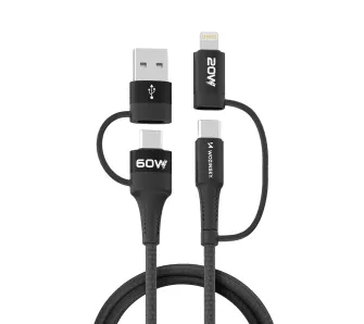 Kabel Wozinsky WNBAA 60W 4w1 USB-C do USB-C z adapterami USB-A i Lightning 1m Czarny