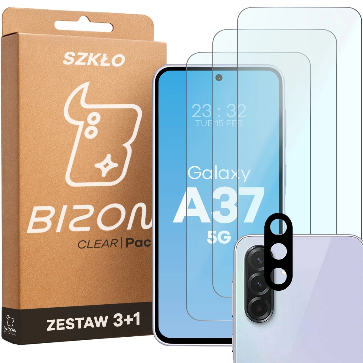 Zestaw ochronny Bizon Szkło + szybka na aparat Glass Clear Pack do Galaxy A37 5G 3 sztuki