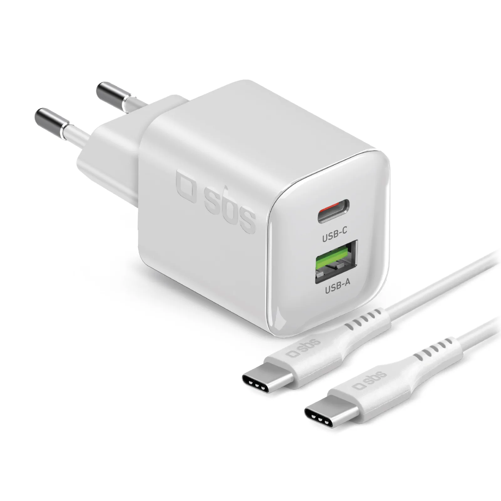 Ładowarka sieciowa SBS Mini GaN PD USB-C USB-A 30W Biały + kabel 1,5m USB-C