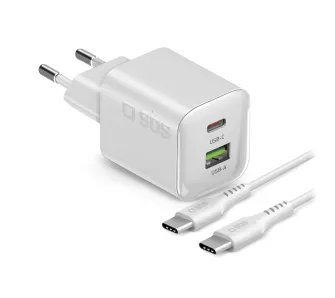 Ładowarka sieciowa SBS Mini GaN PD USB-C USB-A 30W Biały + kabel 1,5m USB-C