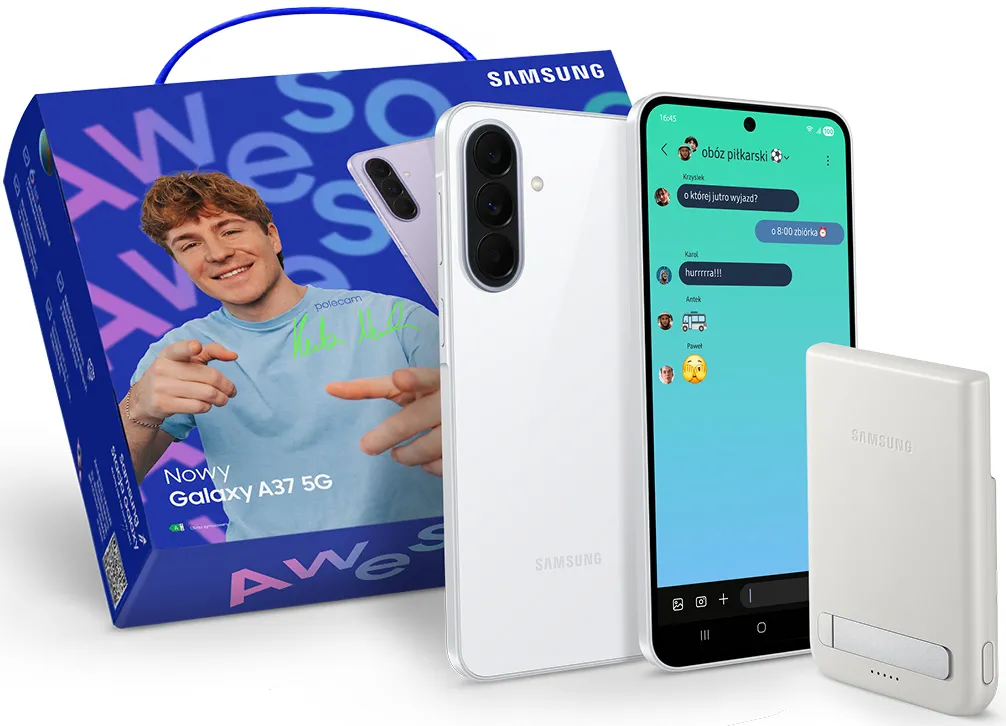 Zestaw smartfon Samsung Galaxy A37 5G 8/256GB 6,7" 120Hz 50Mpix Biały + Powerbank Samsung Qi2 Magnet 5000mAh + Opakowanie prezentowe