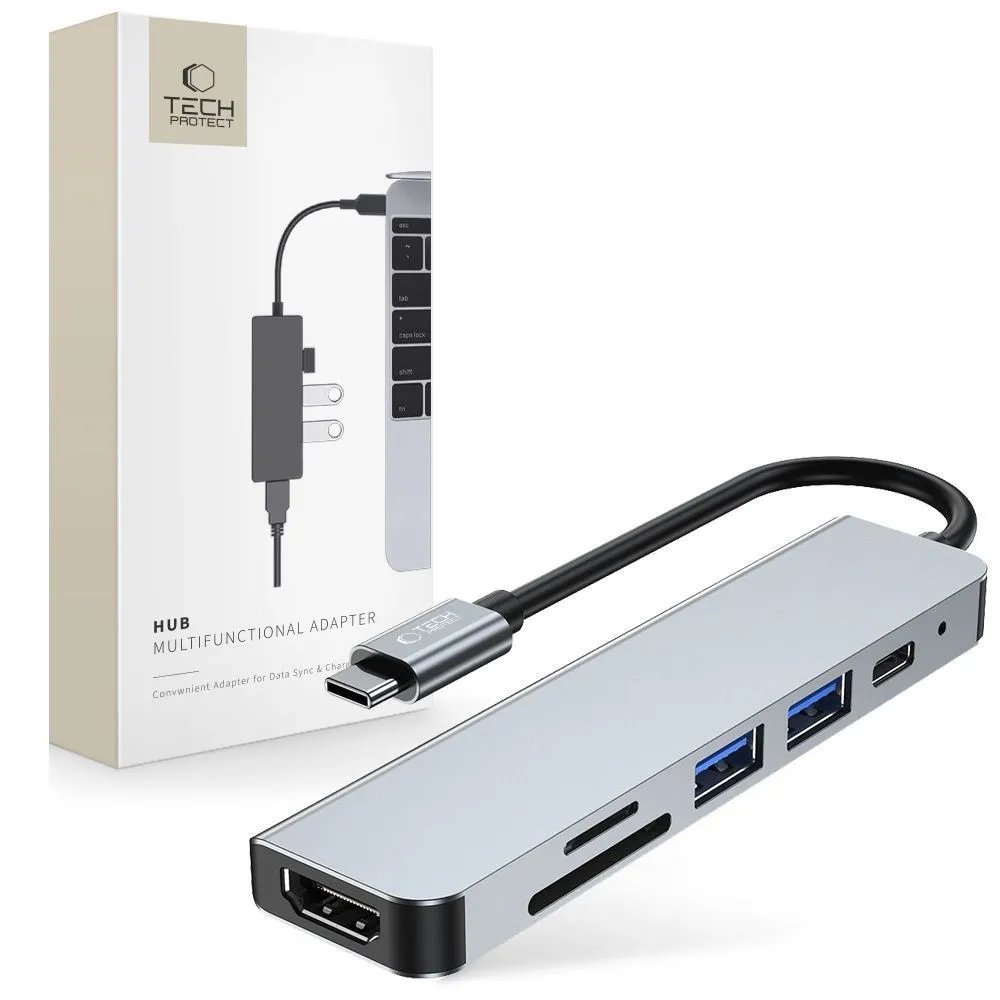 Hub USB Tech-Protect V4 6w1 USB-C USB-A HDMI SD microSD Szary