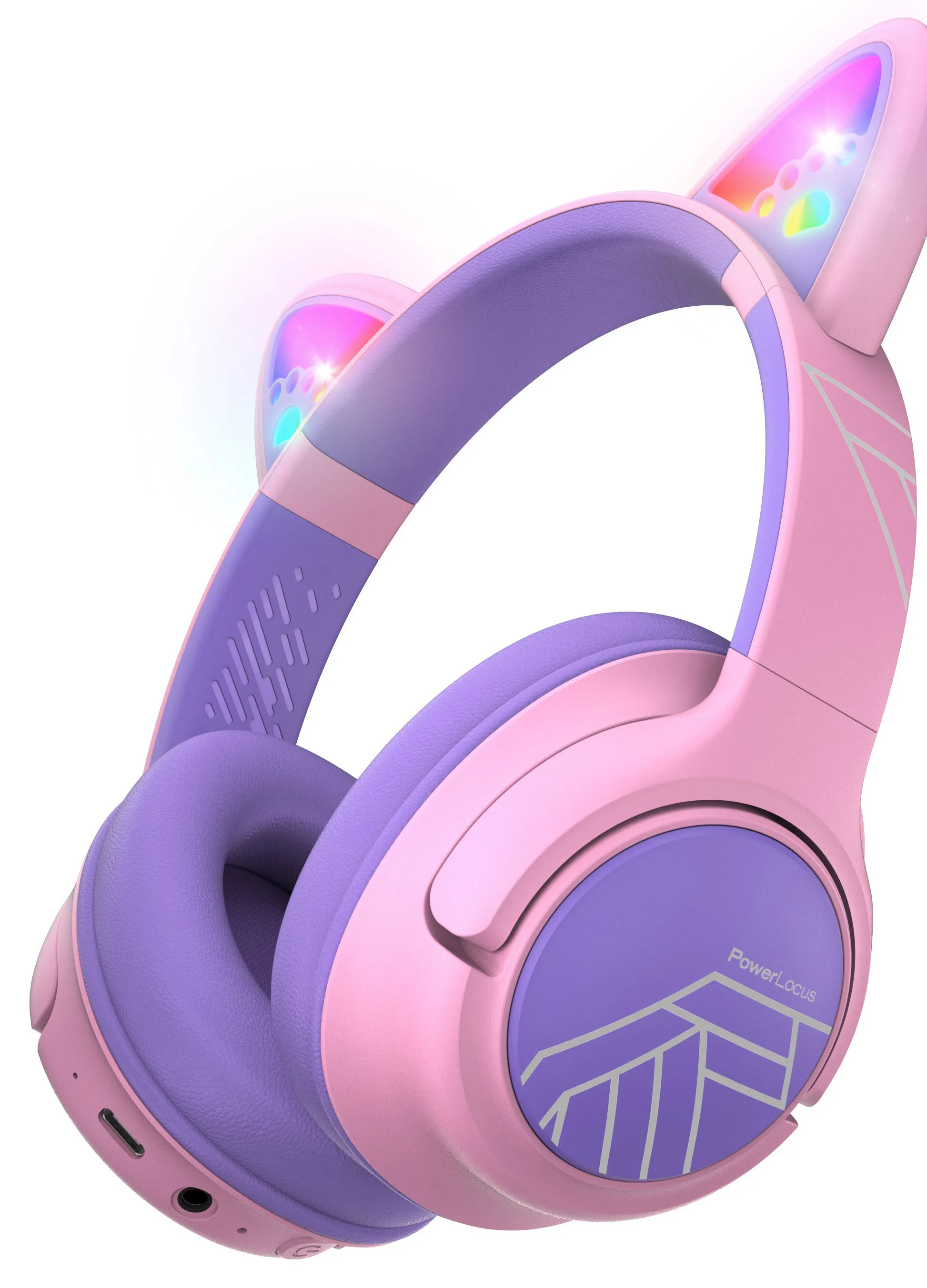 Słuchawki bezprzewodowe PowerLocus Bobo Kocie Uszy Nauszne Dla Dzieci Bluetooth 5.3 Fioletowo-różowy
