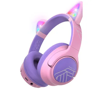 Słuchawki bezprzewodowe PowerLocus Bobo Kocie Uszy Nauszne Dla Dzieci Bluetooth 5.3 Fioletowo-różowy