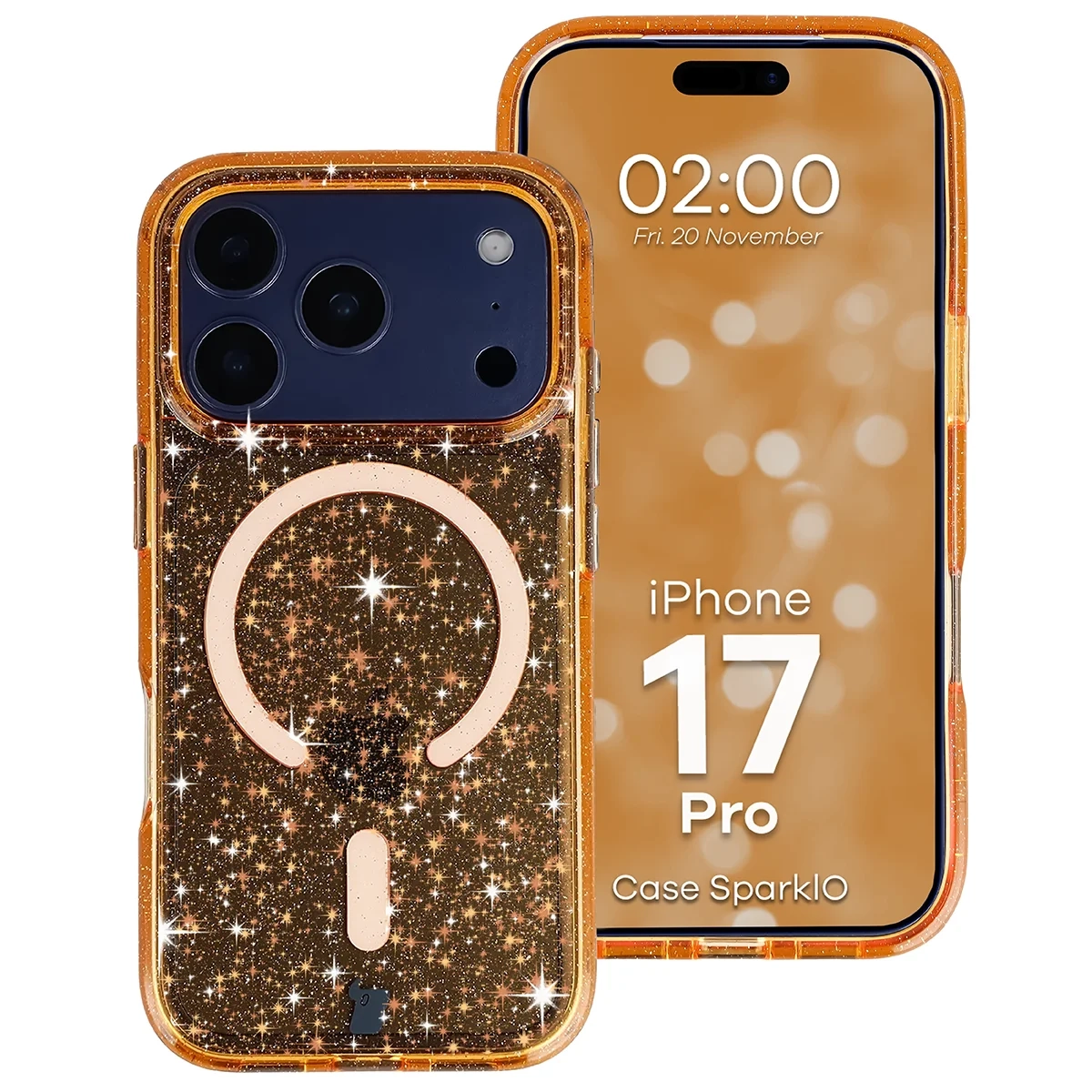 Etui Bizon Case SparklO do iPhone 17 Pro / 18 Pro Przezroczysto-Pomarańczowe Z Brokatem