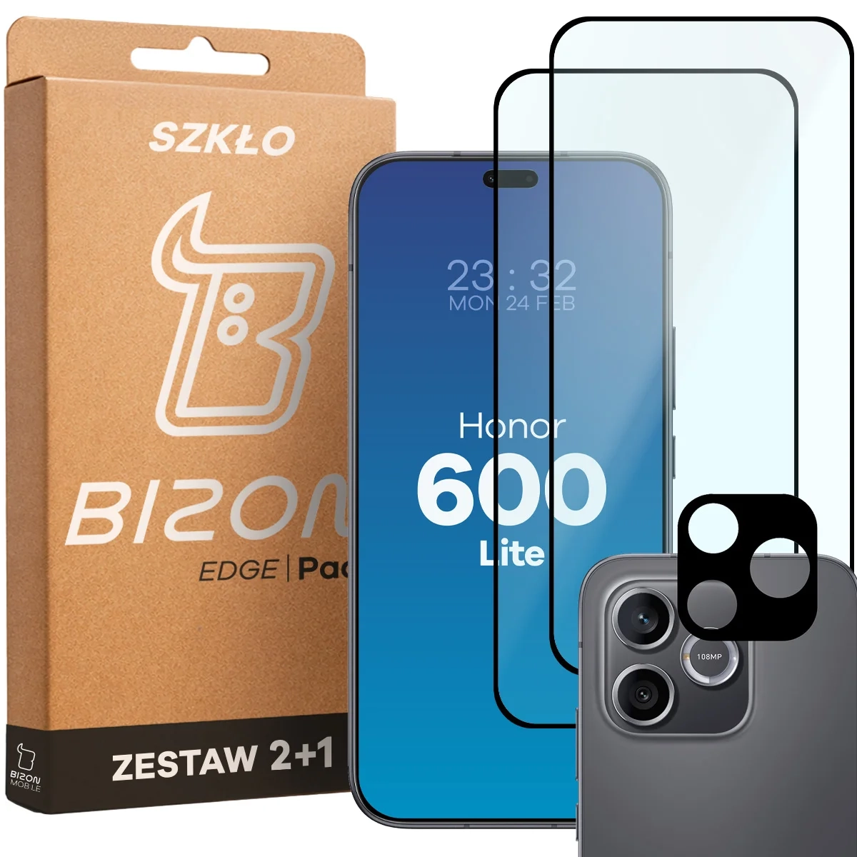 Zestaw ochronny Bizon 2x Szkło + szybka na aparat Glass Edge Pack do Honor 600 Lite 5G
