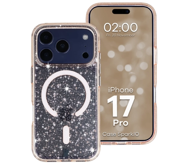 Bizon Case SparklO do iPhone 17 Pro Przezroczysto-Jasnopomarańczowe Z Brokatem
