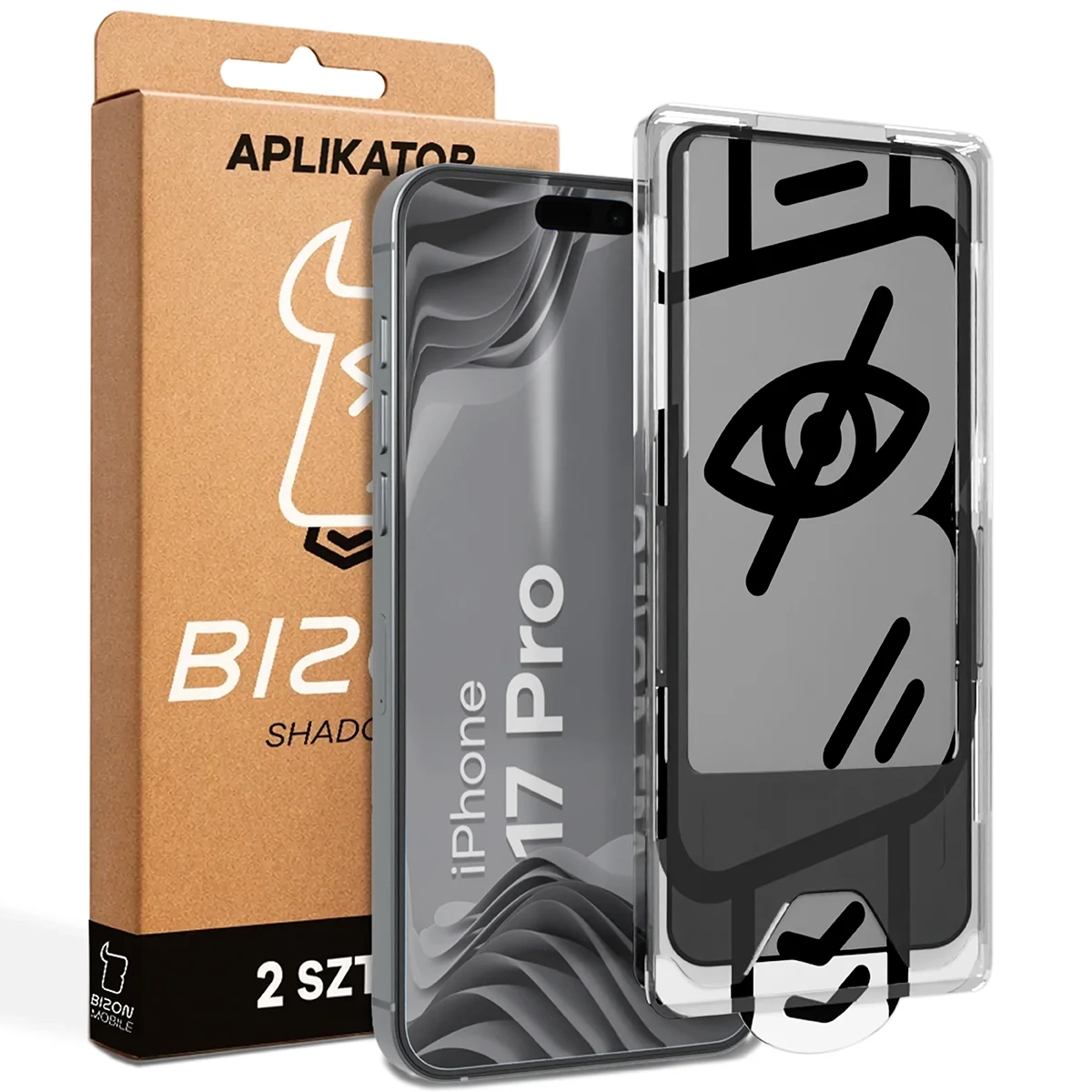 Szkło hartowane Bizon prywatyzujące z ramką montażową Glass Aplikator Shadow do iPhone 17 Pro 2 zestawy