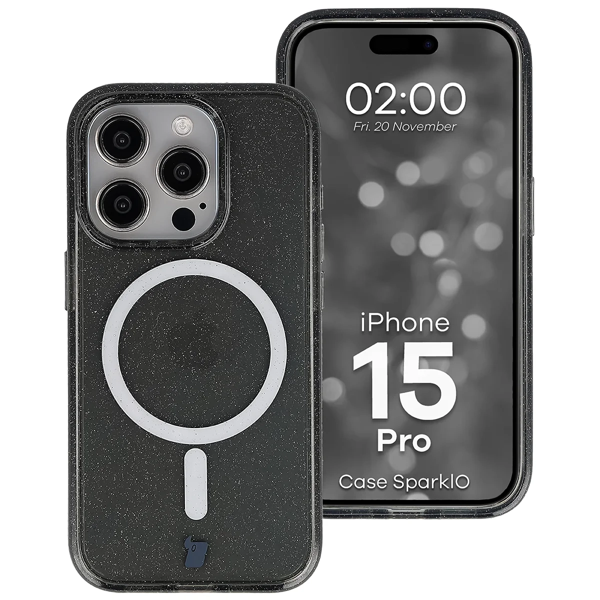 Etui Bizon Case SparklO do iPhone 15 Pro Przezroczysto-Czarne z Brokatem