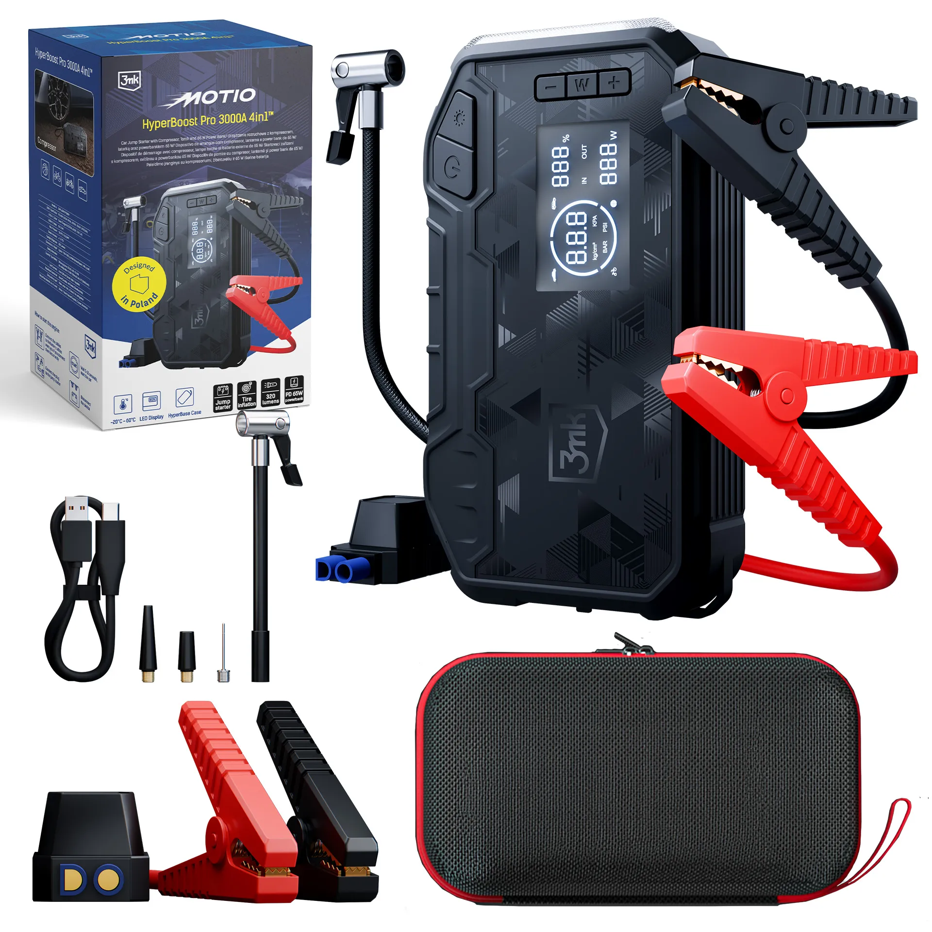 Powerbank 3mk Motio HyperBoost Pro 3000A 4w1 Jump Starter 12000mAh 65W Czarny