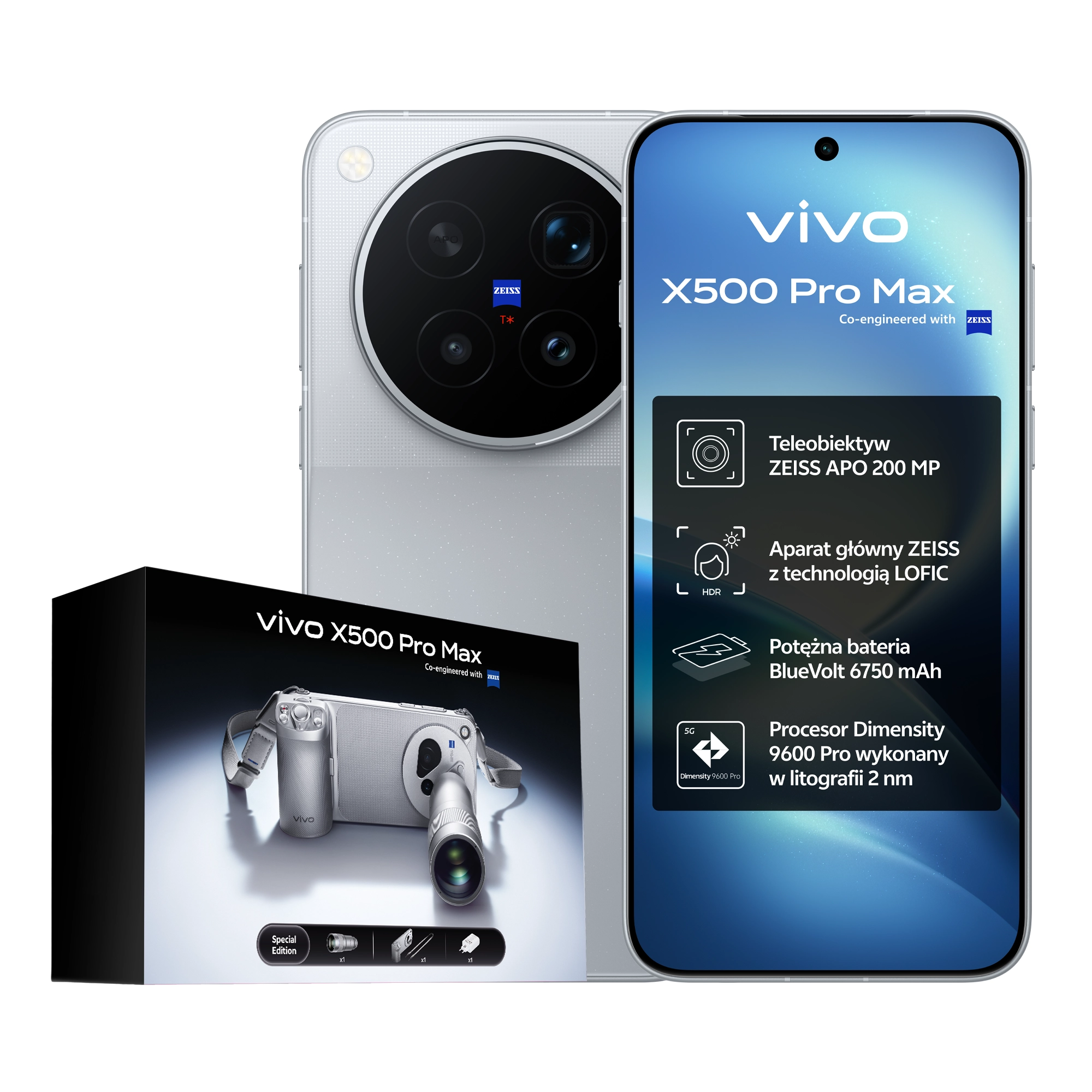 Smartfon vivo X500 Pro Max 12/512GB 6,85" Funkcje AI 144Hz 50Mpix Szary + Zestaw Telekonwerter
