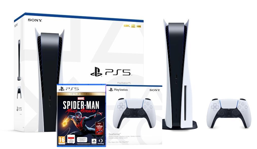 Konsola Sony PlayStation 5 (PS5) z napędem + Marvel’s Spider-Man: Miles Morales Ultimate Edition + dodatkowy pad