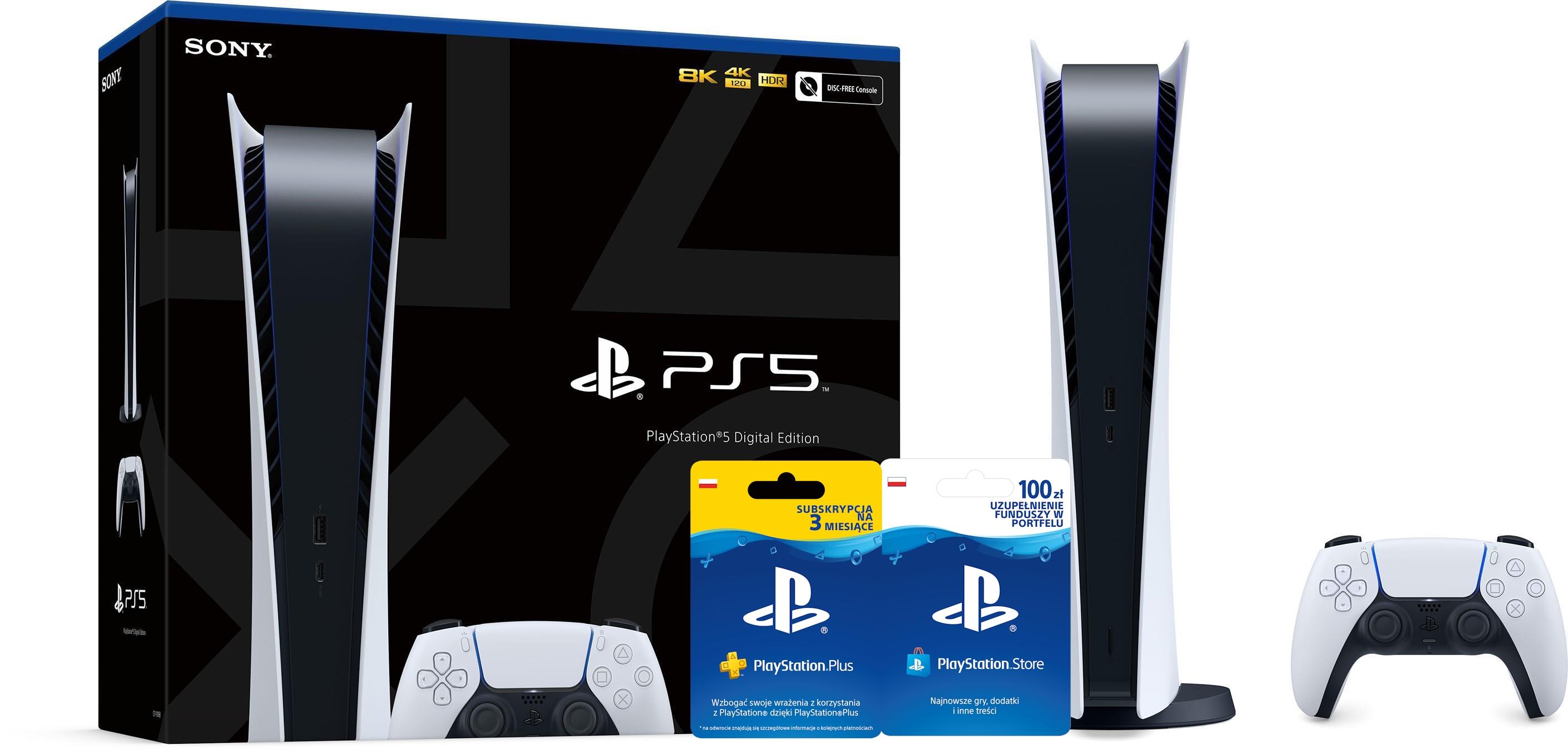 Konsola Sony PlayStation 5 Digital (PS5) + PlayStation Plus (3 m-ce) + PlayStation Network 100 zł