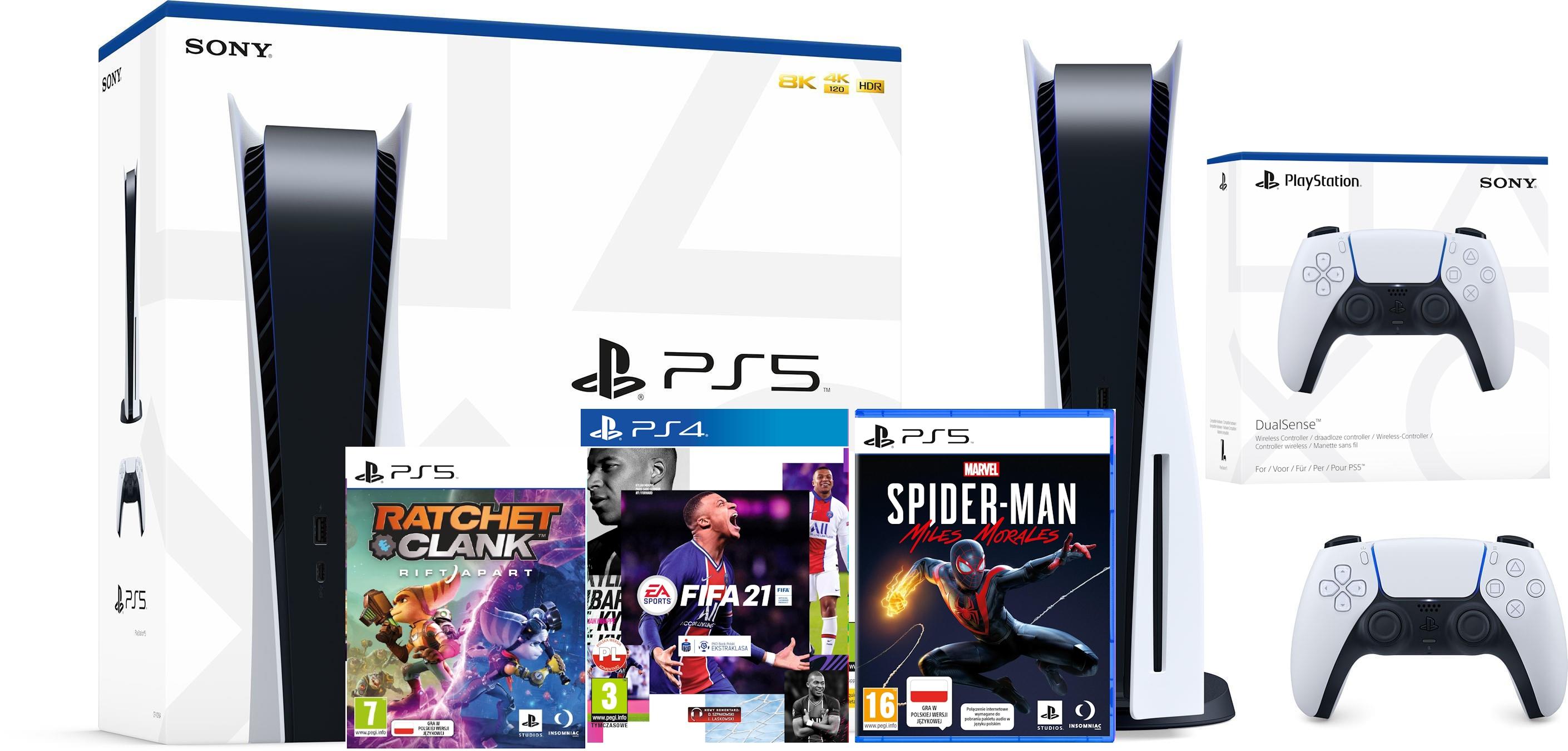 Konsola Sony PlayStation 5 (PS5) z napędem + Spider-Man: Miles Morales + Ratchet & Clank: Rift Apart + FIFA 21 + dodatkowy pad