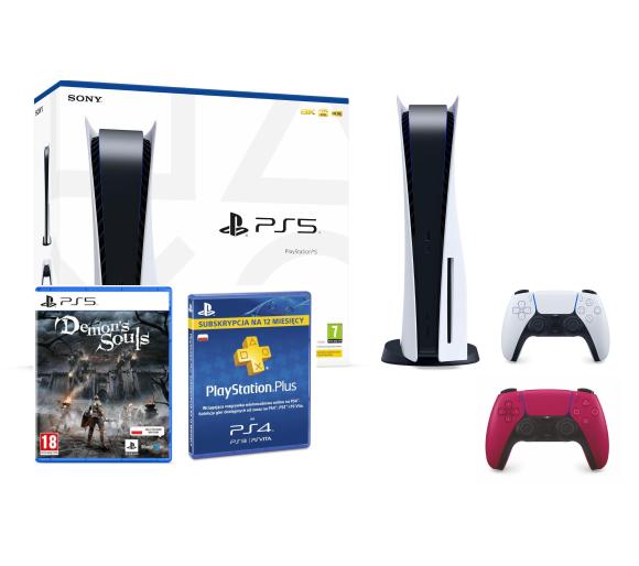 konsola PlayStation 5 Sony PlayStation 5 + Demon's Souls Remake + subskrypcja PS Plus 12 m-ce + dodatkowy pad (czerwony)