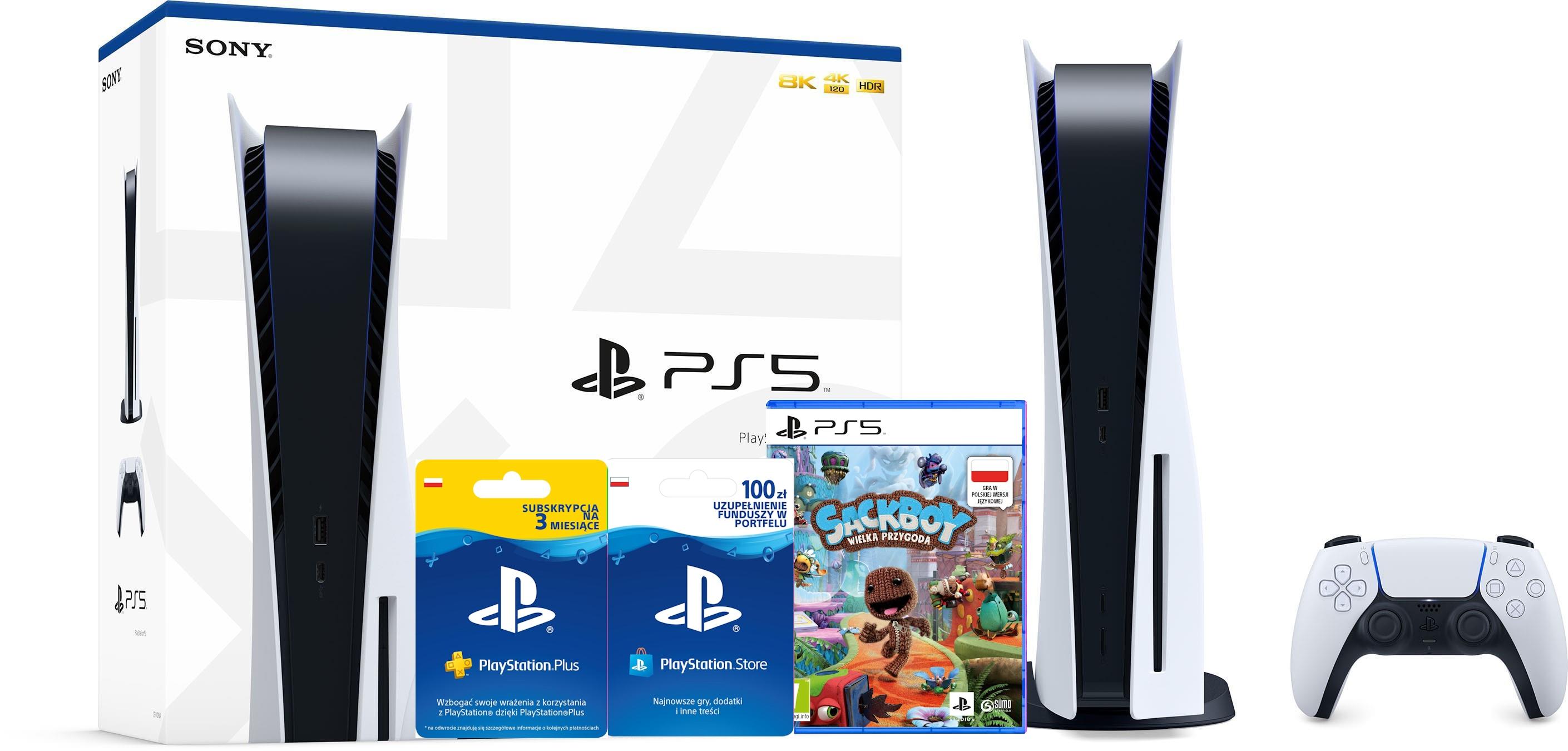 Konsola Sony PlayStation 5 (PS5) z napędem - Sackboy: Wielka Przygoda - subskrypcja PS Plus 3 m-ce - doładowanie PSN 100 zł