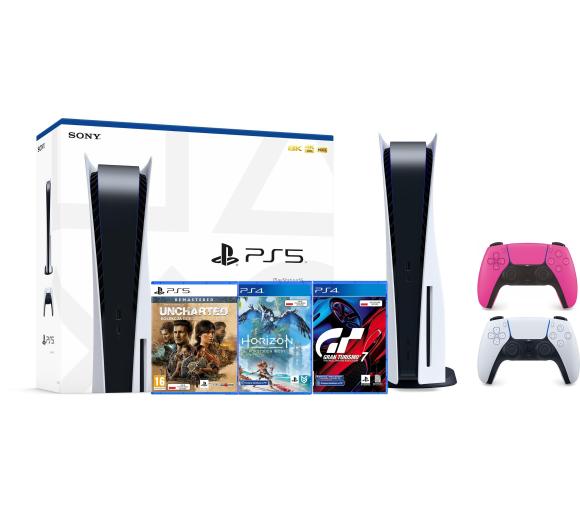 konsola PS5 Sony PlayStation 5 (PS5) + Gran Turismo 7 + Horizon Forbidden West + Uncharted: Kolekcja + dodatkowy pad (różowy)