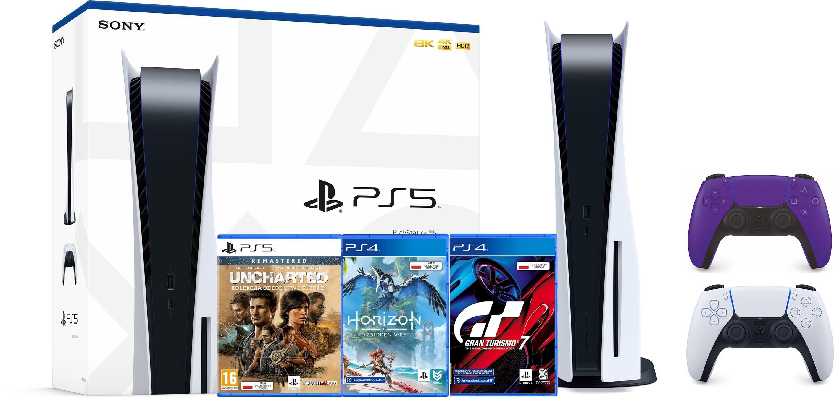 Konsola Sony PlayStation 5 (PS5) z napędem - Gran Turismo 7 - Horizon Forbidden West - Uncharted: Kolekcja - dodatkowy pad (fioletowy)