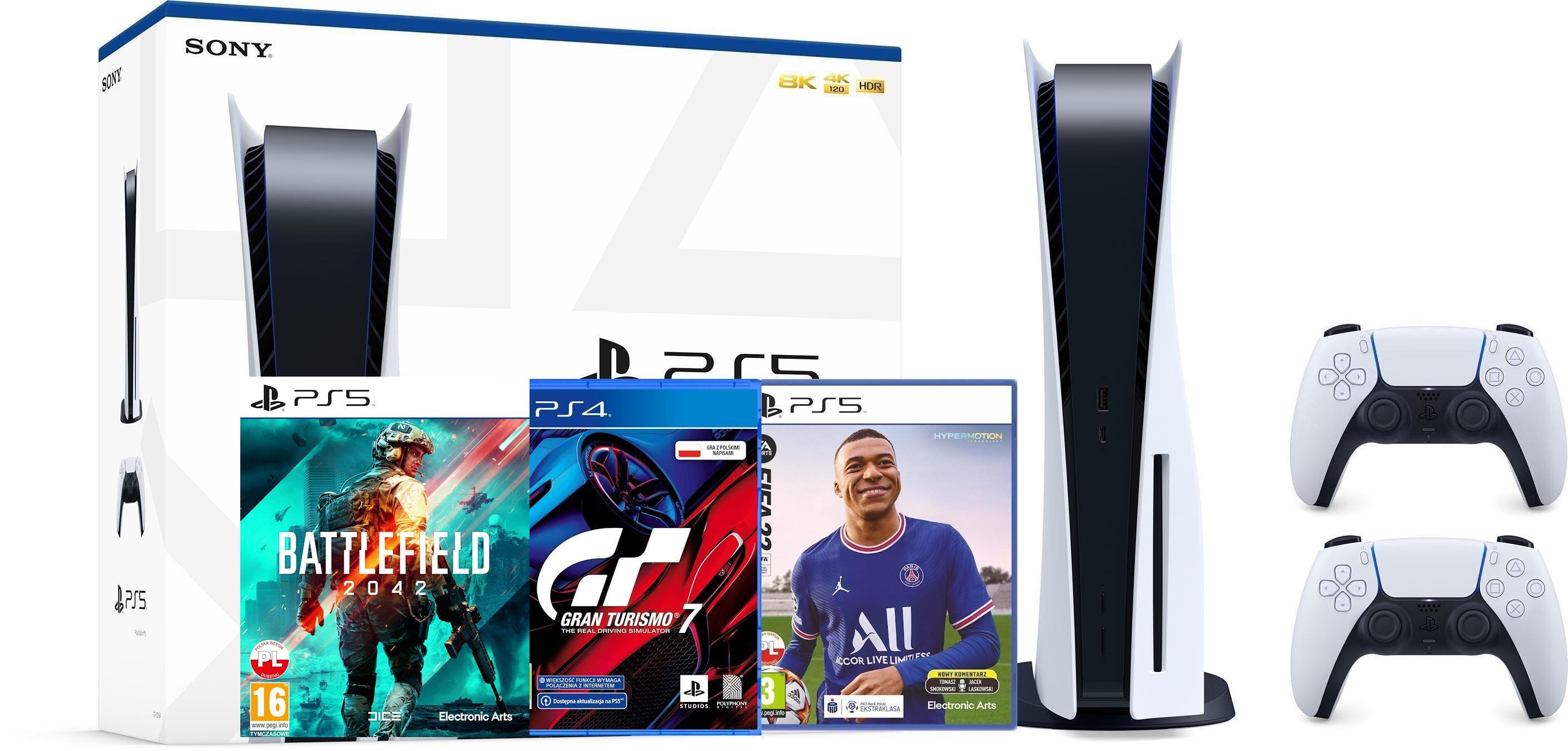 Konsola Sony PlayStation 5 (PS5) z napędem - Gran Turismo 7 - FIFA 22 - Battlefield 2042 - dodatkowy pad (biały)