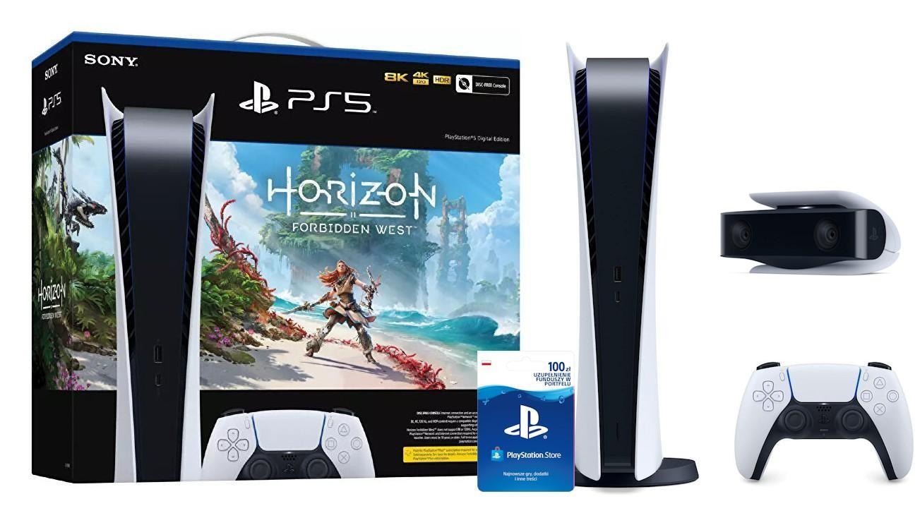 Konsola Sony PlayStation 5 Digital (PS5) - Horizon Forbidden West Bundle - doładowanie PSN 100 zł - kamera HD