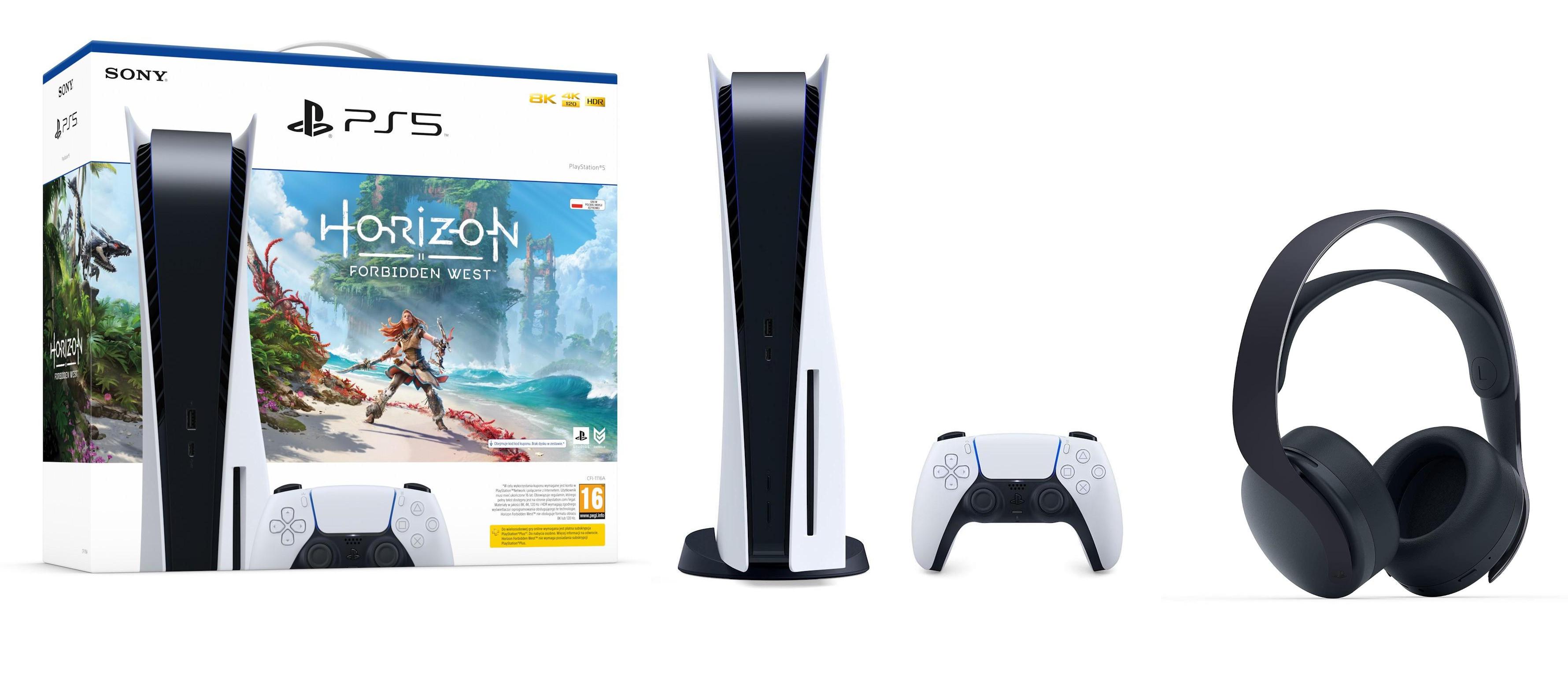 Konsola Sony PlayStation 5 (PS5) z napędem - Horizon Forbidden West - słuchawki PULSE 3D (czarny)