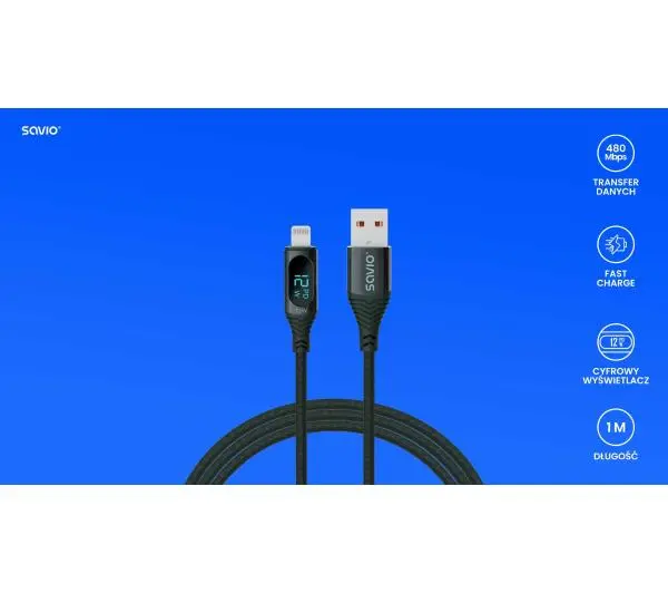 Savio CL-173 USB-A-LIGHTNING 1M + wyświetlacz cyfrowy Czarny
