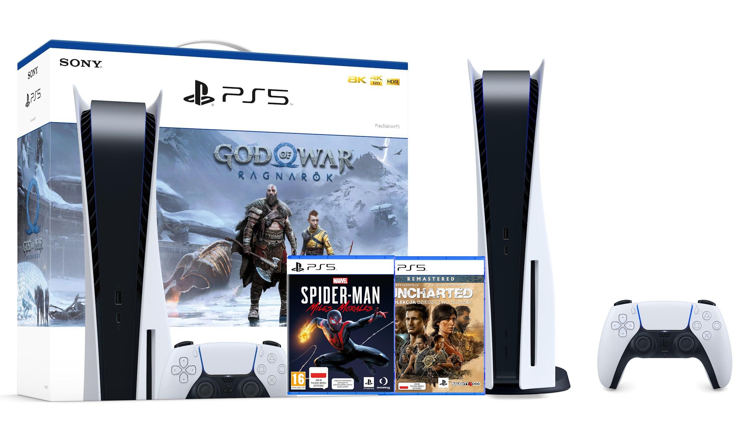 Konsola Sony PlayStation 5 (PS5) z napędem + God of War Ragnarok + Uncharted: Kolekcja + Spider-Man Miles Morales