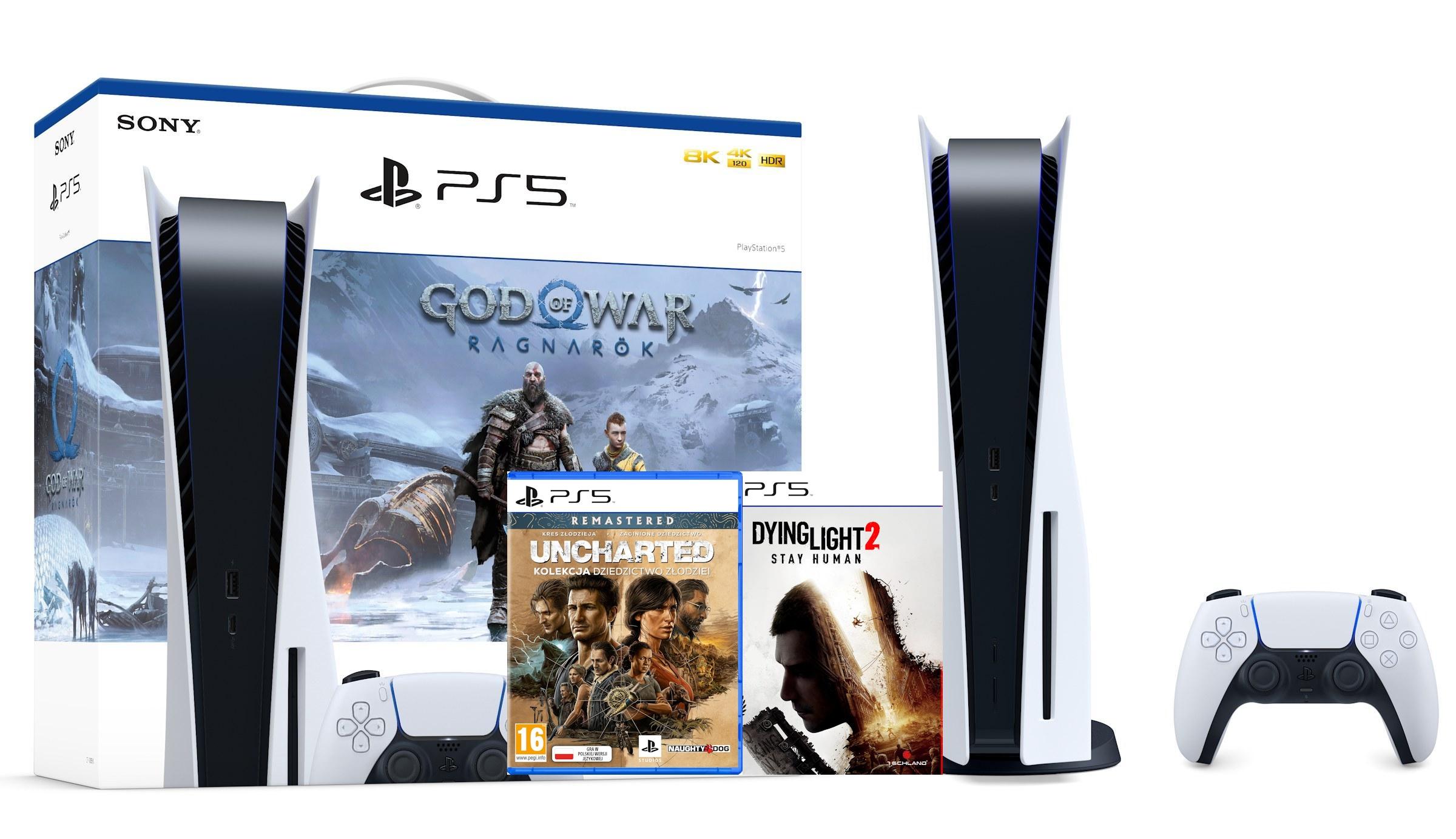 Konsola Sony PlayStation 5 (PS5) z napędem + God of War Ragnarok + Dying Light 2 + Uncharted: Kolekcja Dziedzictwo Złodziei